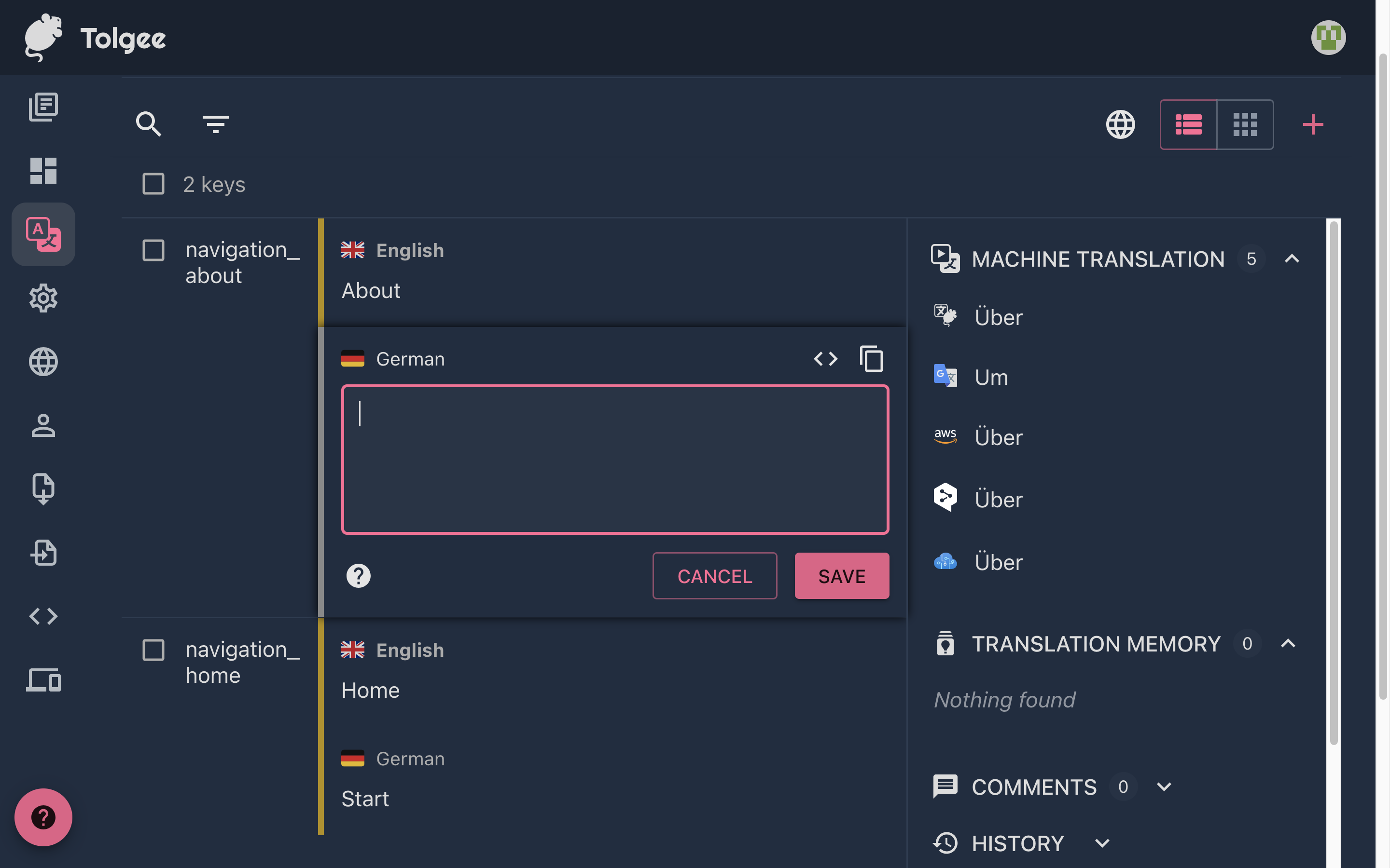 Screenshot of the adding German translation for the navigation_about key window on the Tolgee platform