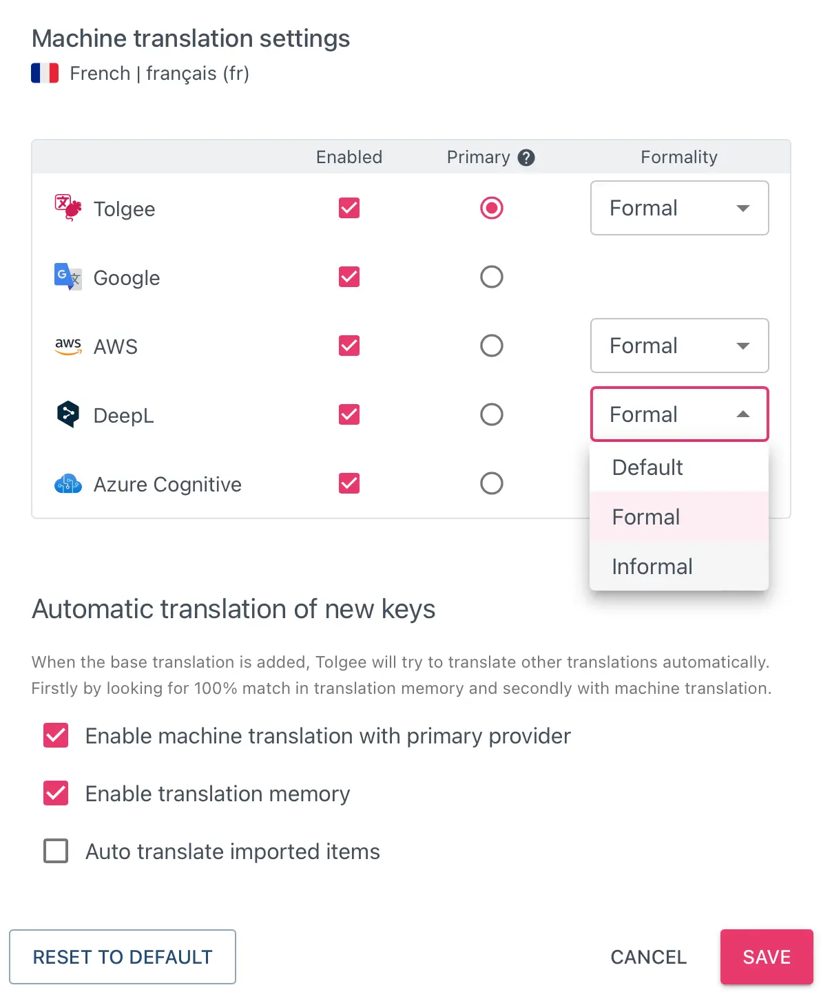 machine translation settings