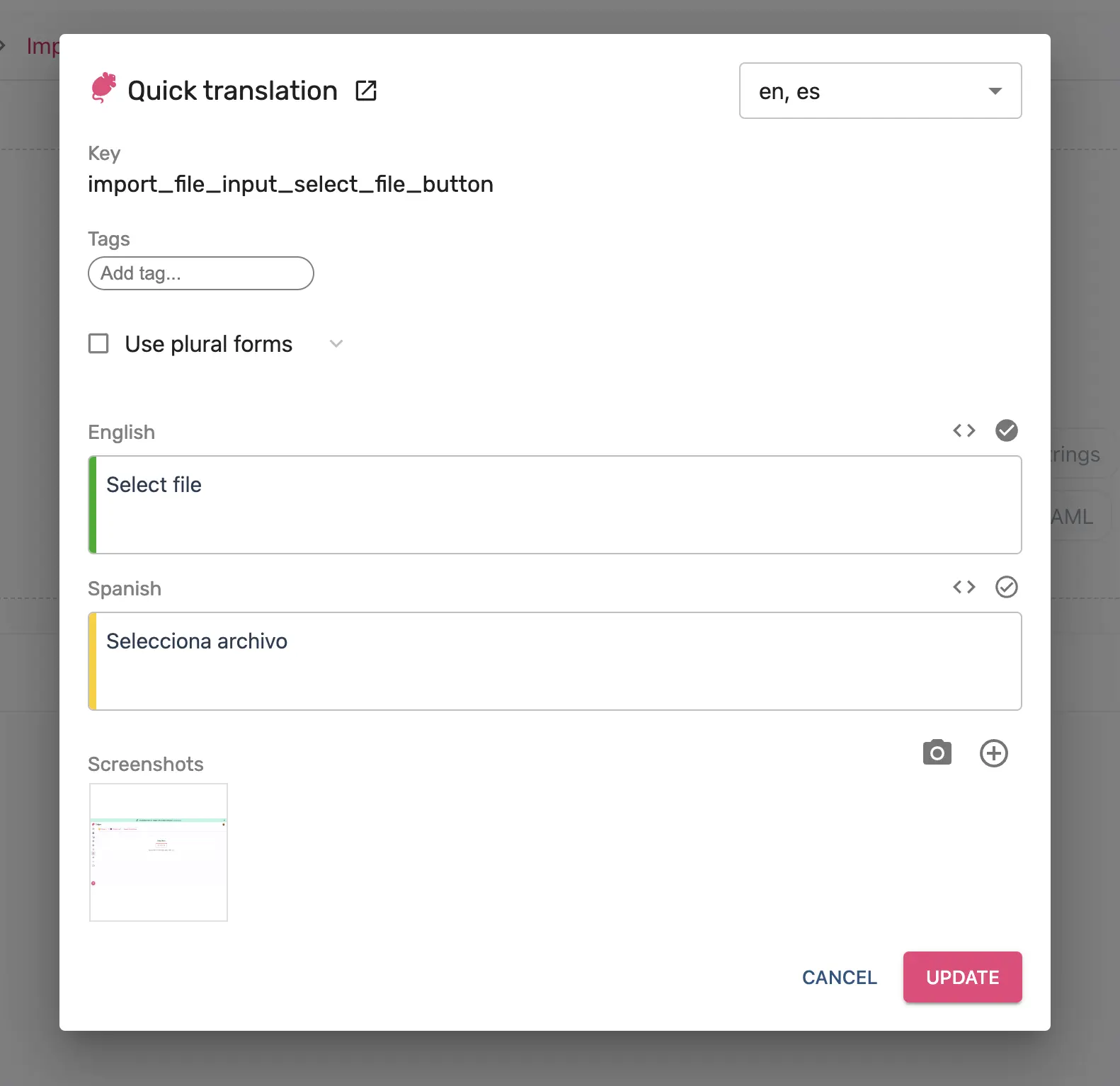 Tolgee - in context translation dialog