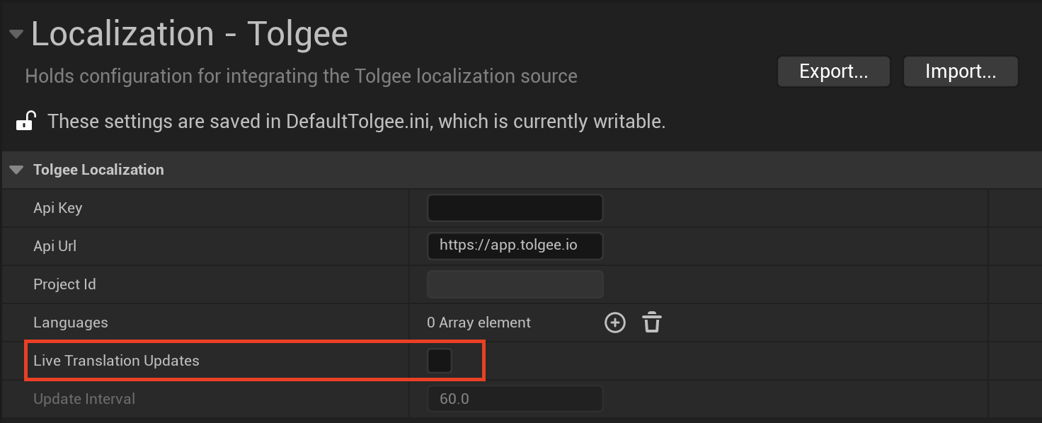 Unreal Engine Live Translation Settings