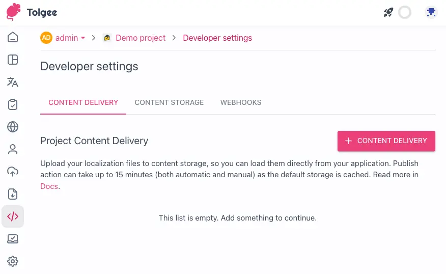 Screenshot of empty list of content delivery configurations