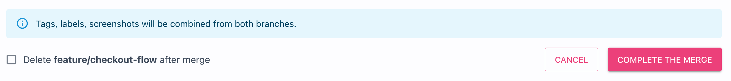 Merge completion area showing Delete after merge checkbox and Complete the merge button