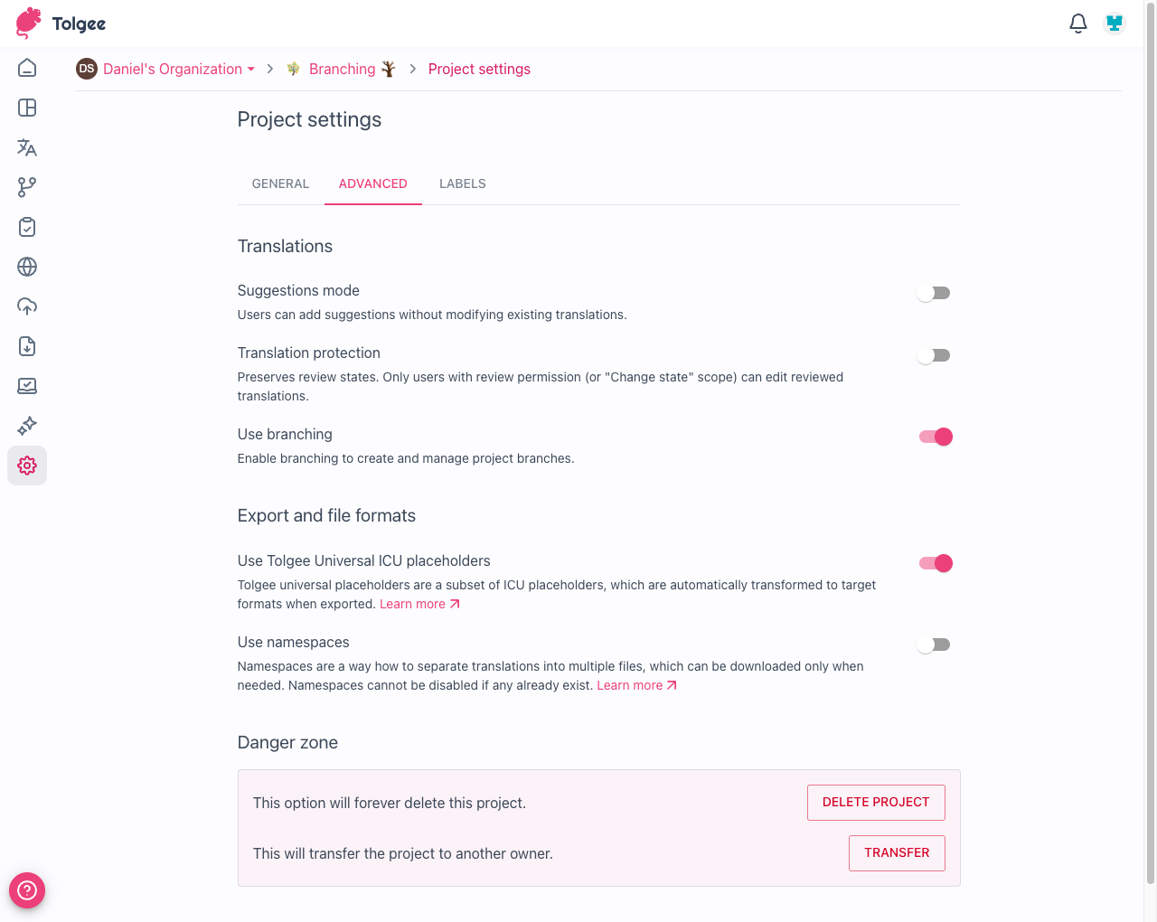 Project settings Advanced tab with Use branching toggle enabled