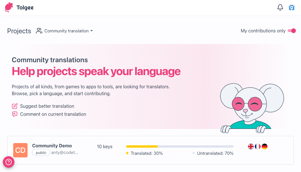 Projects list with the organization switcher set to Community translation and the My contributions only toggle turned on