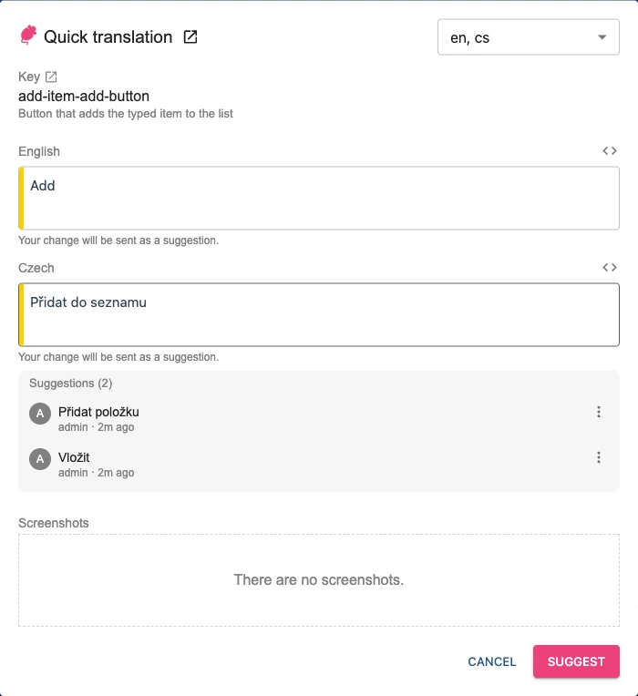 The Quick translation dialog for a user who may only suggest: English and Czech fields each with the note Your change will be sent as a suggestion, two pending Czech suggestions, and the Suggest button