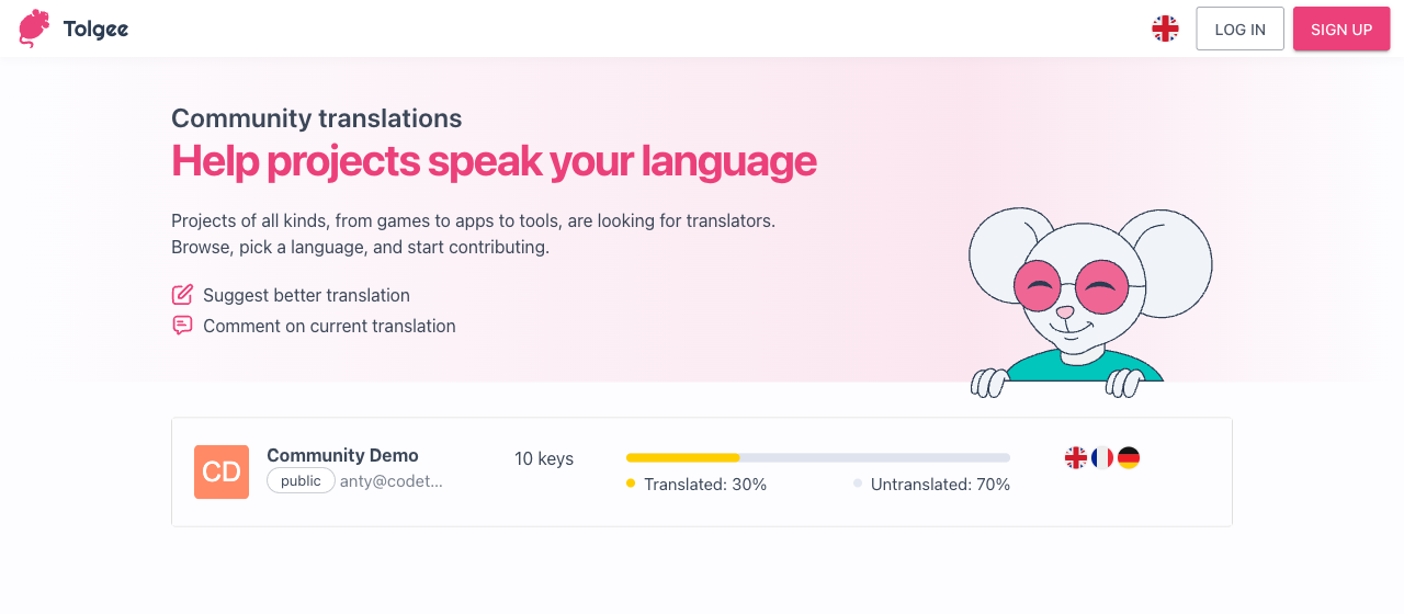Public projects page seen while logged out, with the Community translations banner and one public project row