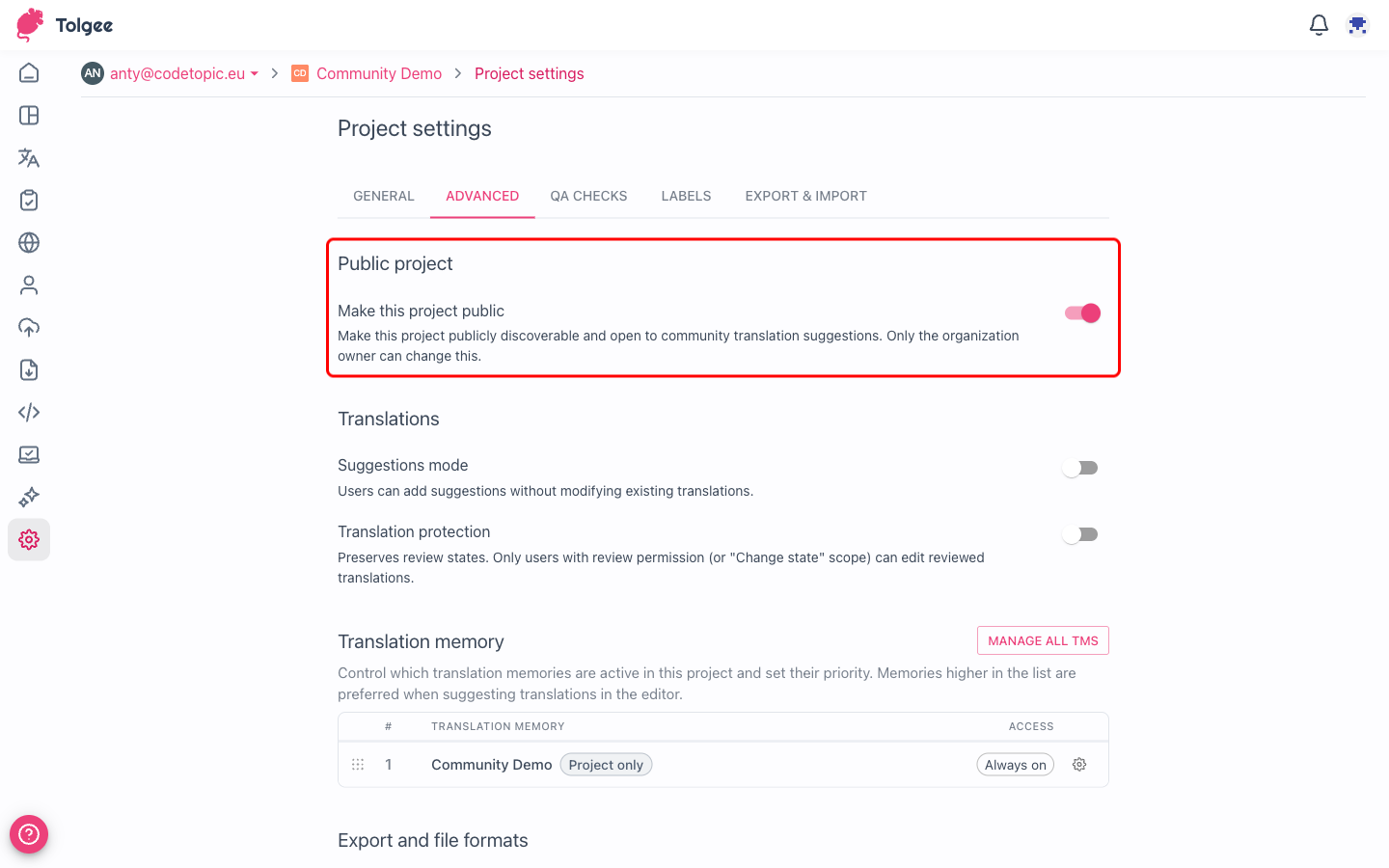 Public project section at the top of the Advanced tab in project settings, with the Make this project public toggle turned on