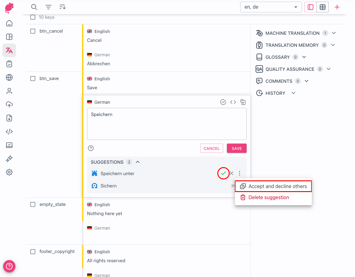 Two community suggestions on a translation with the Accept only check mark and the Accept and decline others menu action