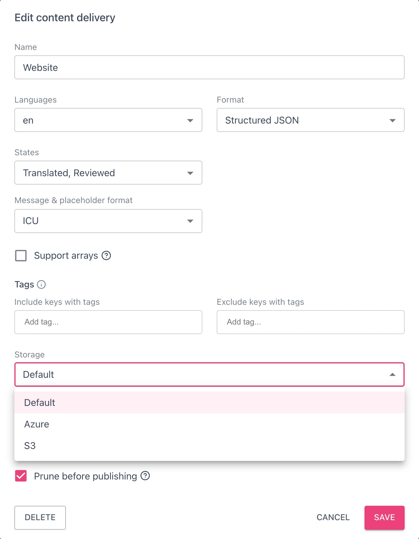 Storage select in the content delivery dialog