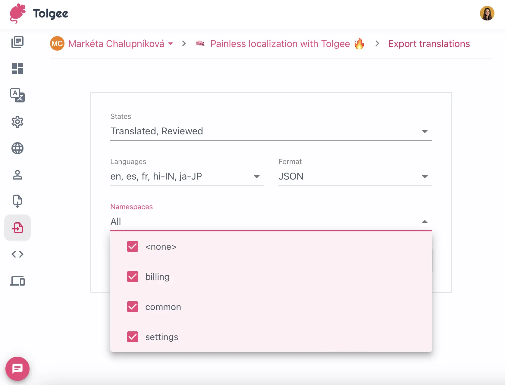 export keys by namespace