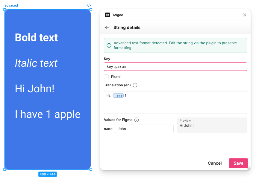 String details on a string with a name variable, with a sample value filled in under Values for Figma