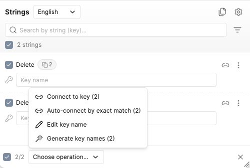 Two identical unconnected strings selected, with the operations menu offering Edit key name alongside the other operations valid for them