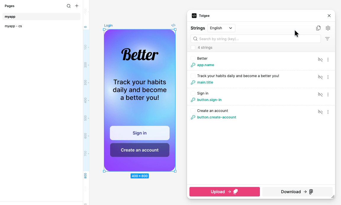 Choosing Create page per language, ticking the languages, and the new pages appearing in Figma's page list