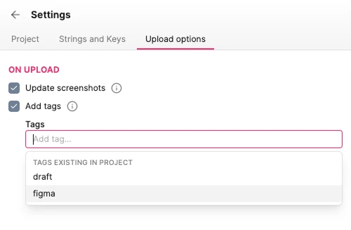 The Upload options tab, with update screenshots and add tags both ticked, and the tag field offering the tags the project already has