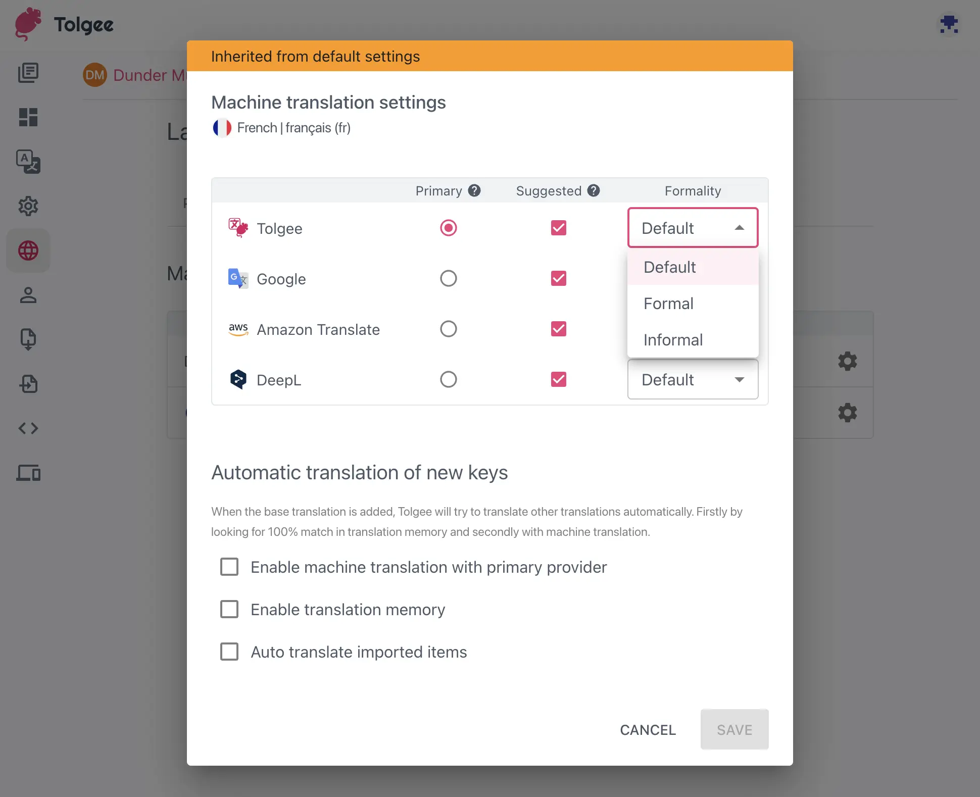 Machine translation settings