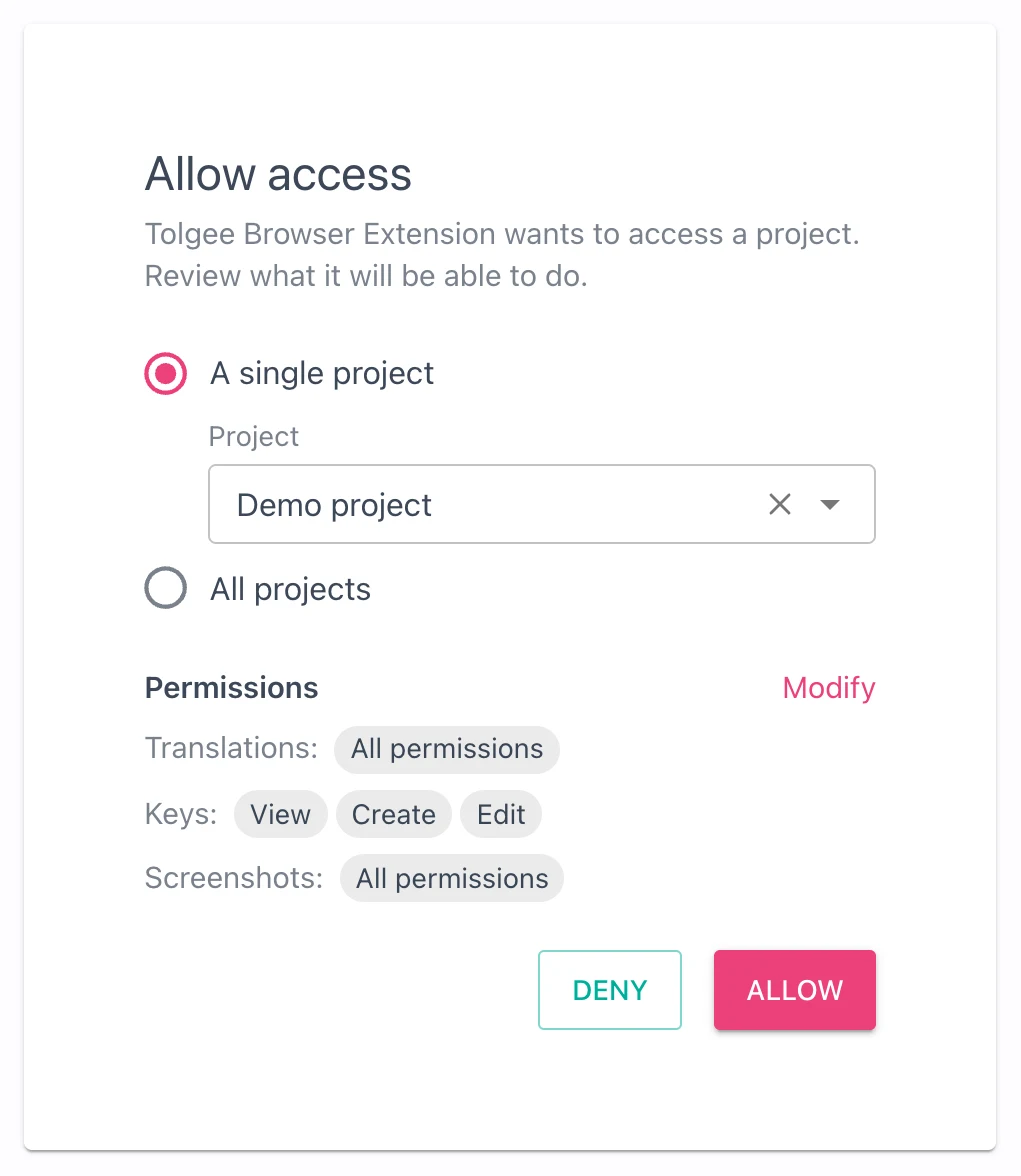 The Tolgee consent screen for the browser plugin, with the website's project pre-selected