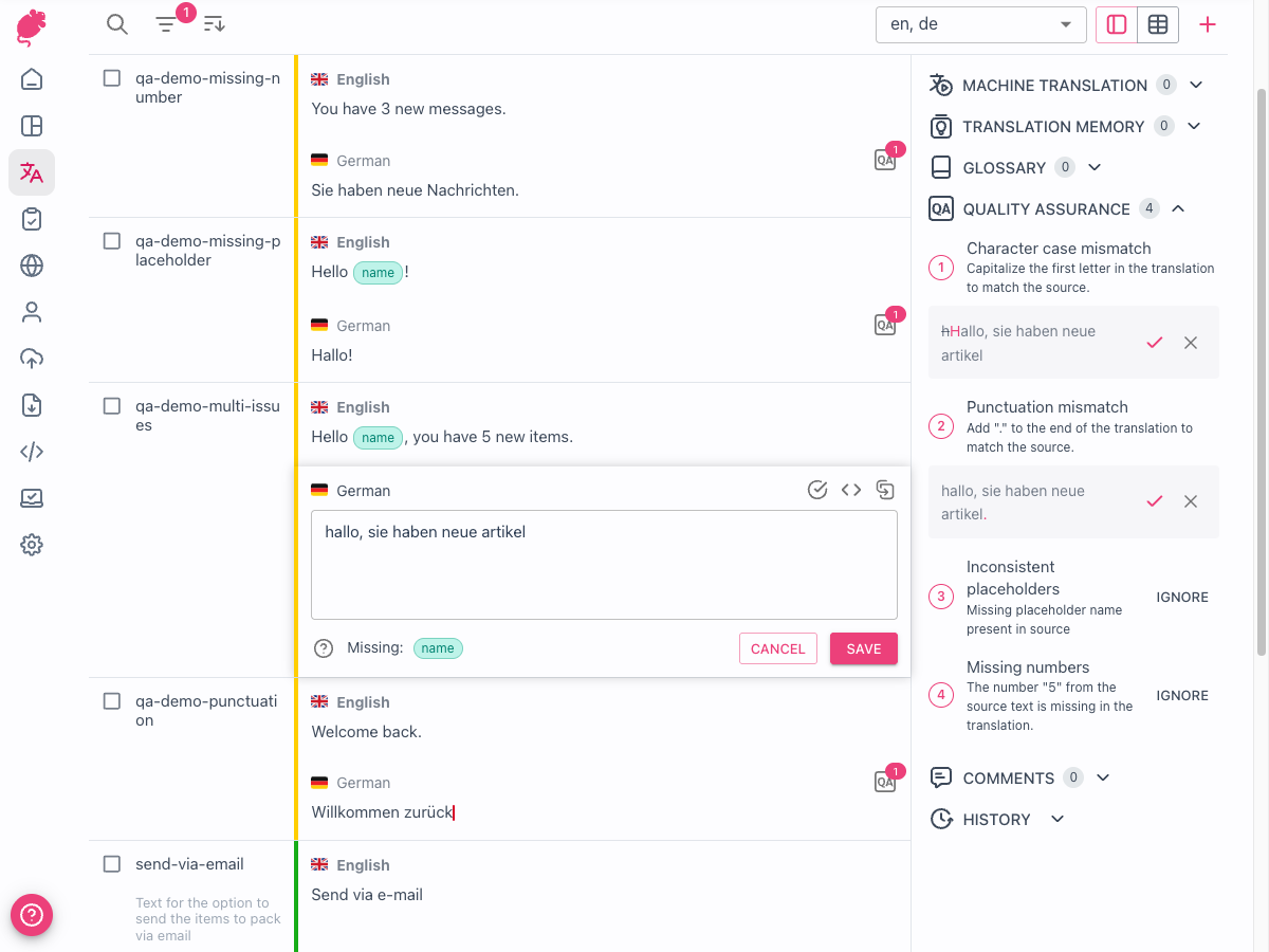 Overview of QA checks panel in the translation editor showing detected issues